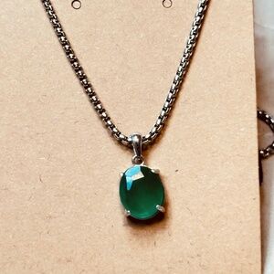 Stainless Steel Chain & Oval Green Onyx Stone/Crystal Pendant